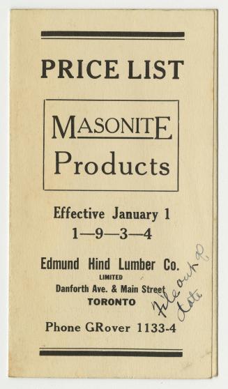 A fold-out adverting card for Edmund Hind Lumber Co. titled "Price List// Masonite Products// E ...