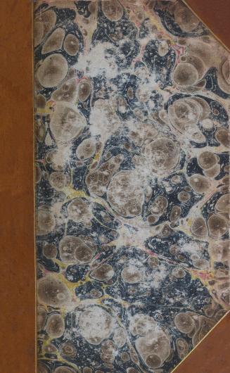 book cover: marbled paper with brown leather spine and corners