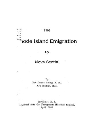 Black text on white cover page reads: "The Rhode Island Emigration to Nova Scotia"