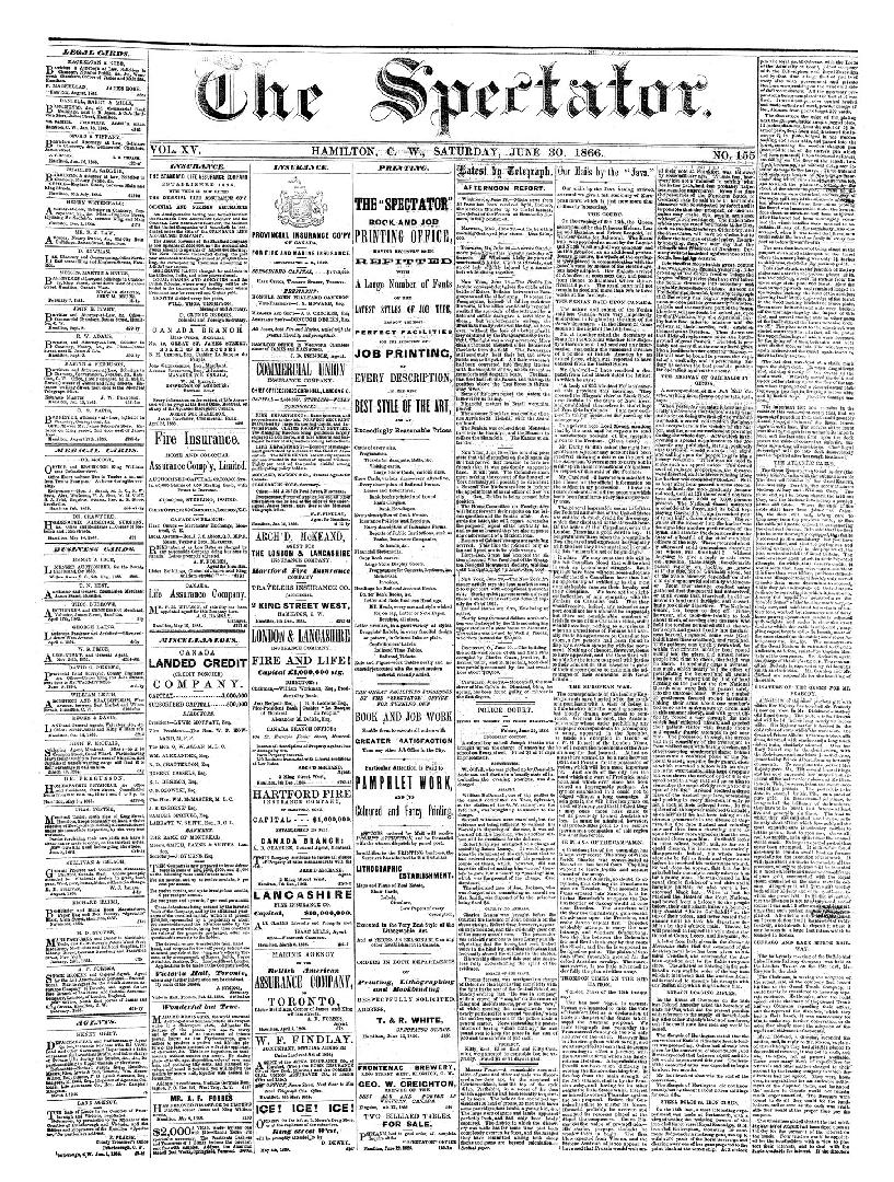 Black and white newspaper titled Hamilton Spectator