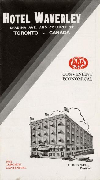 A fold-out flier for Hotel Waverley at Spadina Ave. and College St. in Toronto, "an official AA ...