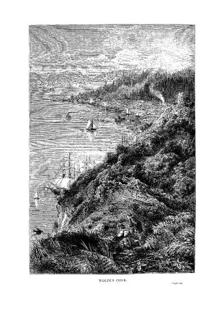 Black ink line illustration on a white cover page of a shoreline, sailboats in the water, and v ...