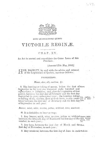No cover. A copy of the original Act of Quebec provincial statute with the coat of arms.