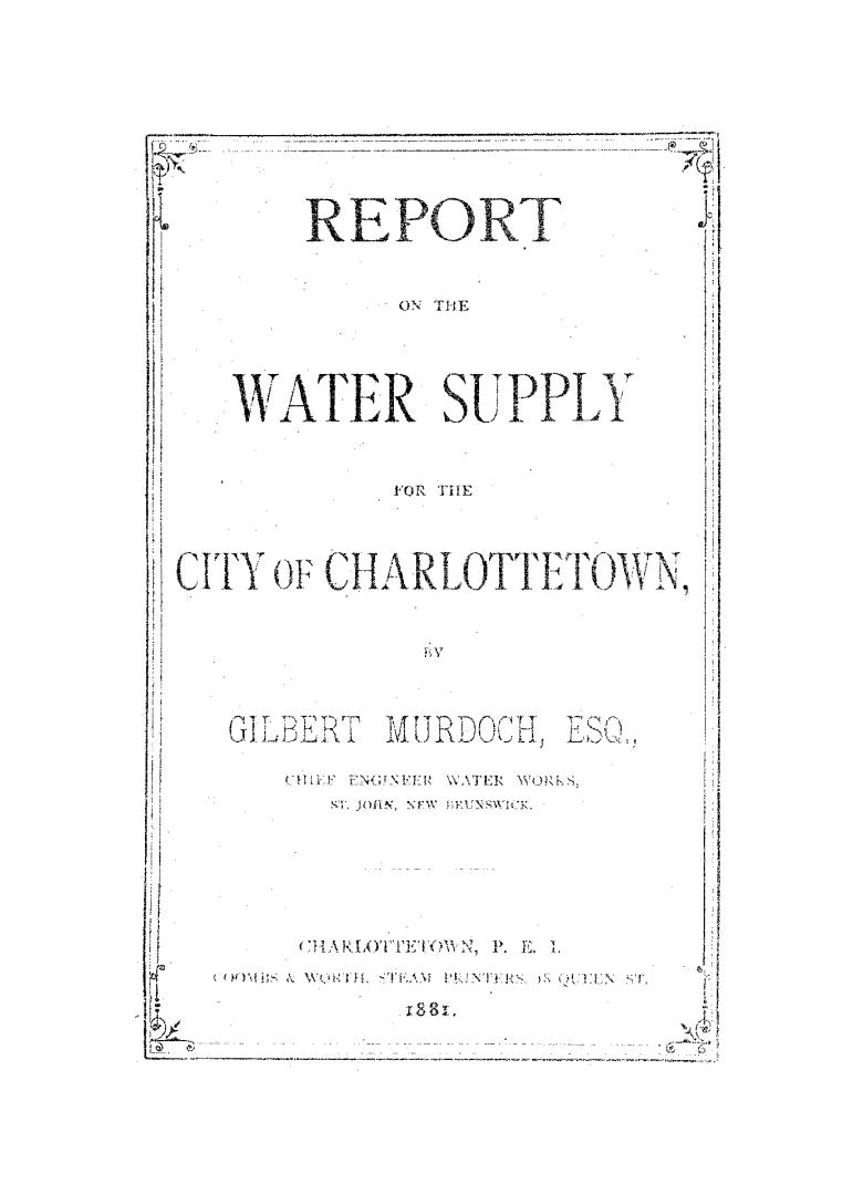 Black text on white cover page reads: "Report on the Water Supply for the City of Charlottetown ...