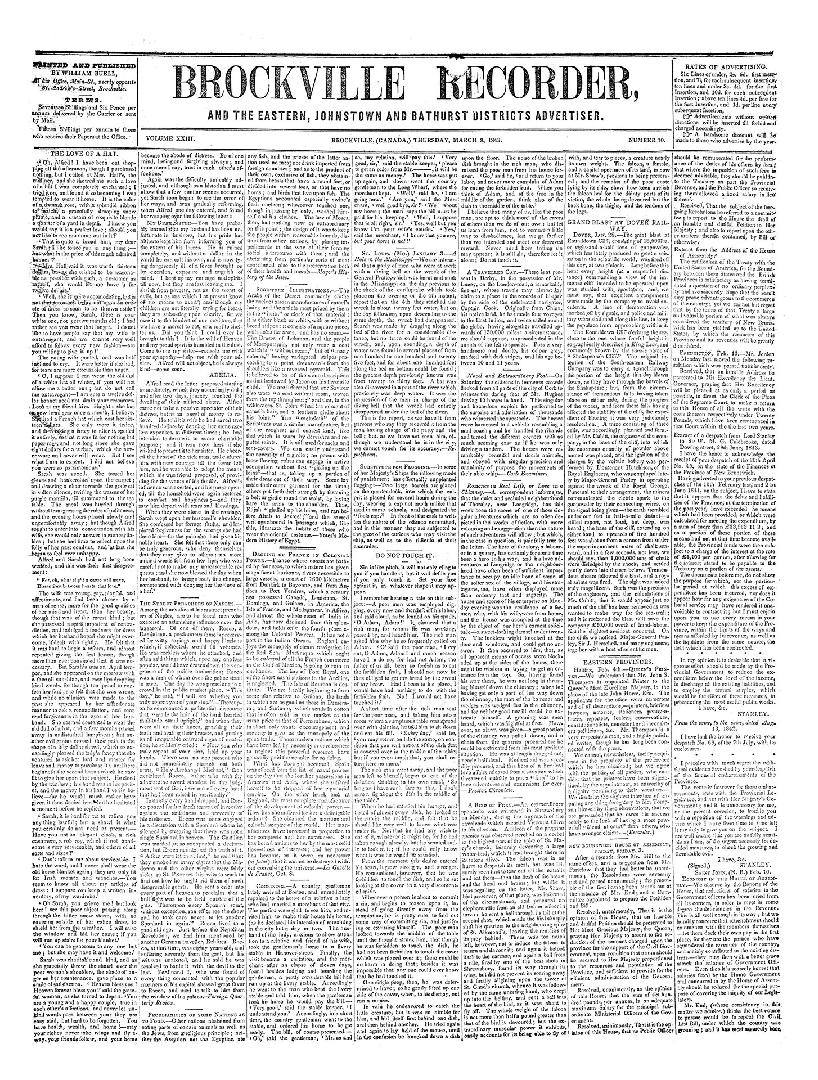 Black and white newspaper titled Brockville Recorder