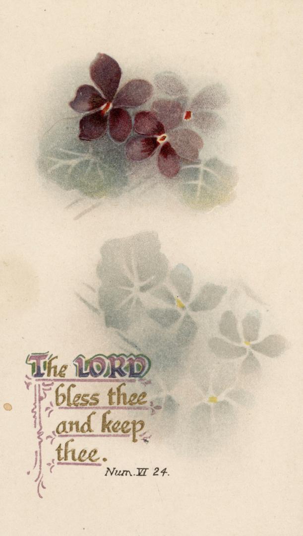 The front of the card pictures purple flowers and foliage. It contains a religious quote: "Num. ...