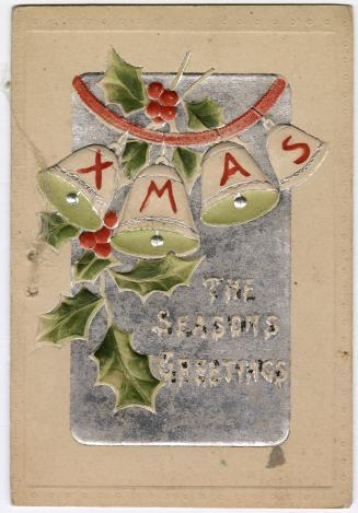 The front of the card pictures bells and holly berries against a silver background. The inside  ...