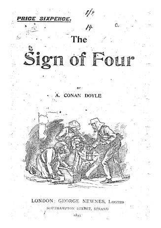 Black title text on white cover page reads: "The Sign of Four by A. Conan Doyle". Below, a blac ...