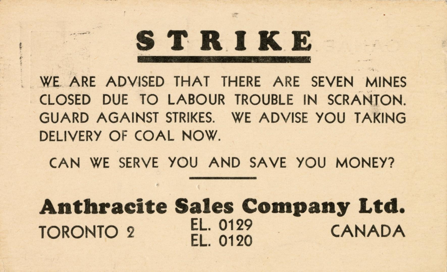 An advertising postcard from Anthracite Sales Company Ltd. addressed to Tait Fuels stating, "ST ...