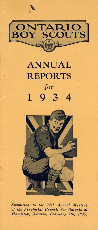A dark yellow booklet for the Ontario Boy Scouts// Annual reports for 1934.