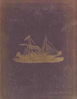 book cover: brown embossed fabric, with a gilt steamship in the centre. 