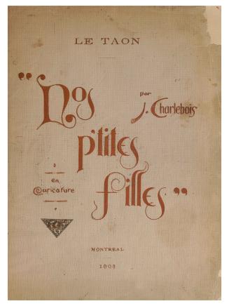 Red, illustrated title text on an aged paper cover reads: "Nos p'tites filles en caricature"