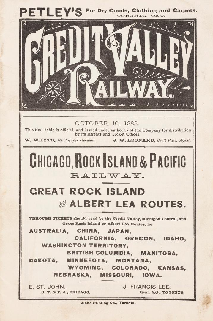 Credit Valley Railway October 10, 1883.  This time table is official, and issued under authority of the Company for distribution by its Agents 