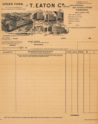 Order form with an illustrated image of the Eaton's building from different angles. 