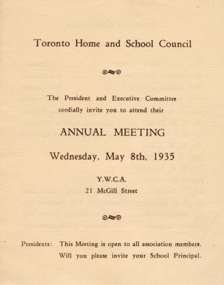 An invitation card from the Toronto Home and School Council for an annual meeting to be held on ...