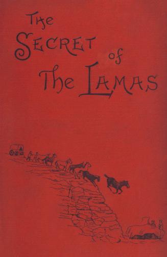 Book cover: red cloth cover with title and illustration of stampede of horses. 