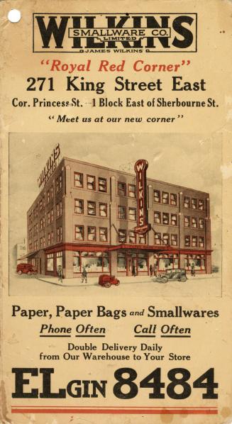 An advertising card for Wilkins Smallware Co. Limited, stating "Meet us at our new corner Paper ...