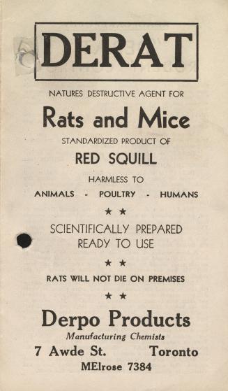 An advertising flier for "DERAT -- Nature's Destructive Agent for Rats and Mice// Derpo Product ...
